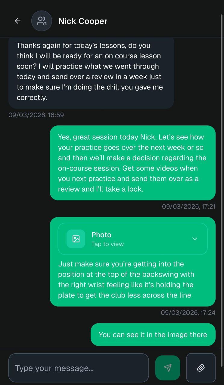 In-app messaging interface between coach and student