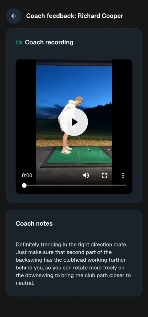 Student mobile app showing swing submissions and coach feedback