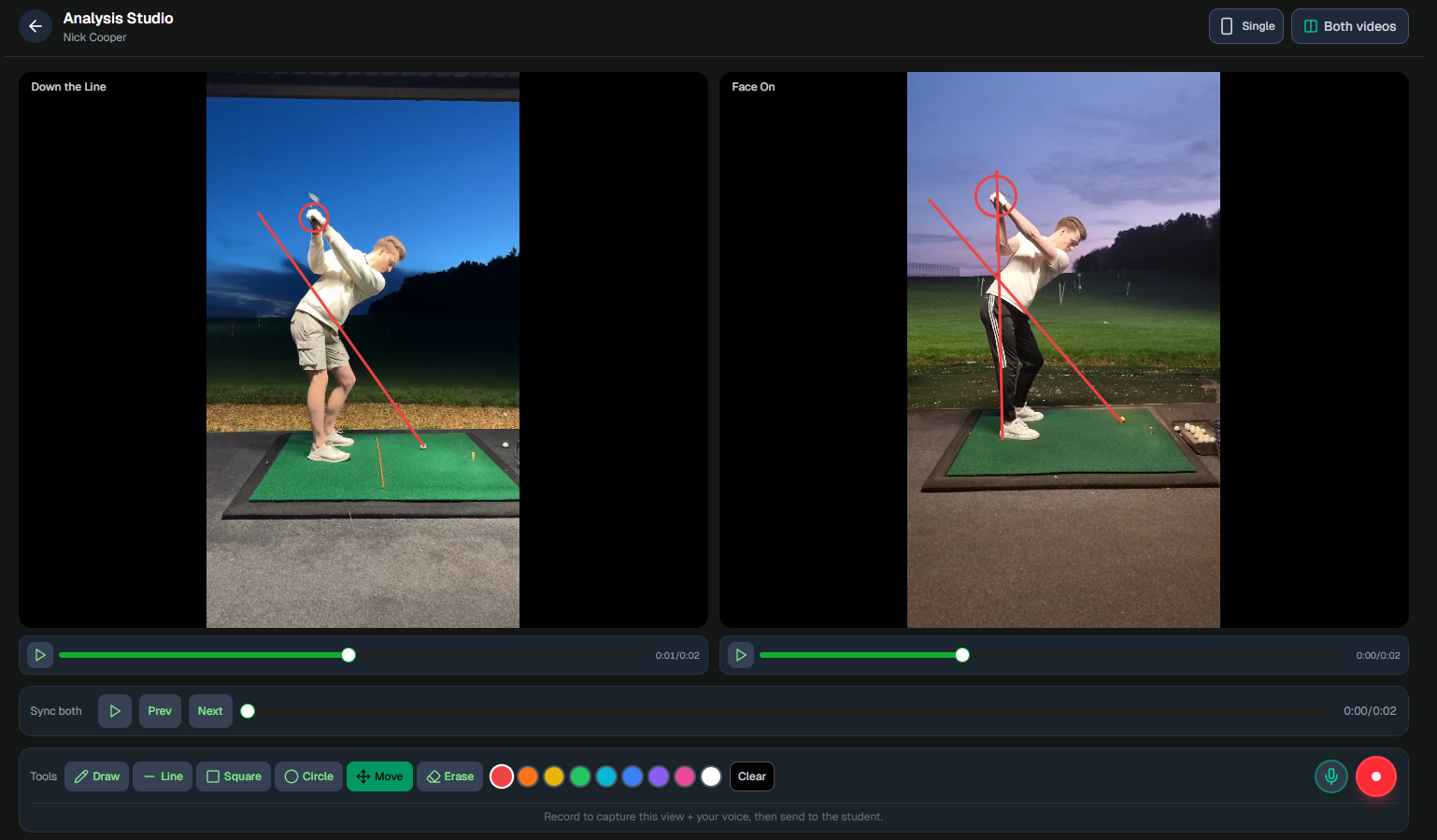 Desktop Analysis Studio with dual video playback, drawing tools, and recording controls