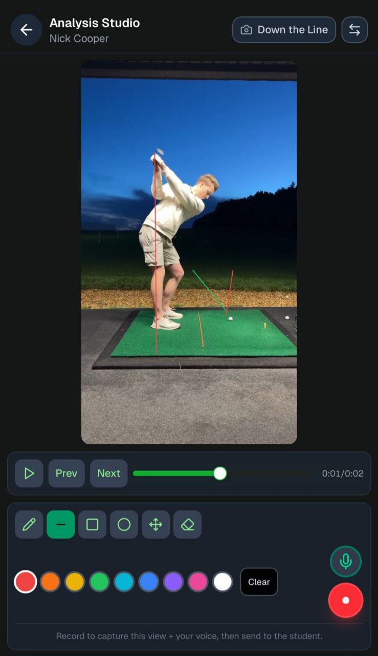 Mobile swing review interface with video annotations and coach notes
